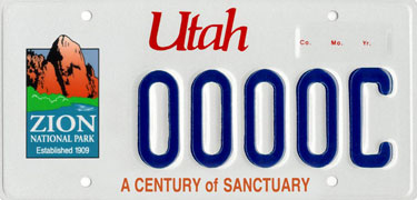 State of Utah's Zion Centennial License Plate