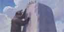Painting of large bear trying to climb Devils Tower