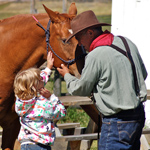 Park staff member with horse and visitor.