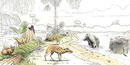 Scene of swampy jungle depicting flora and fauna during the Eocene period Scene of swampy jungle depicting flora and fauna during the Eocene period