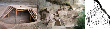 View of pithouse, cliff dwelling, and site map of Step House on Wetherill Mesa