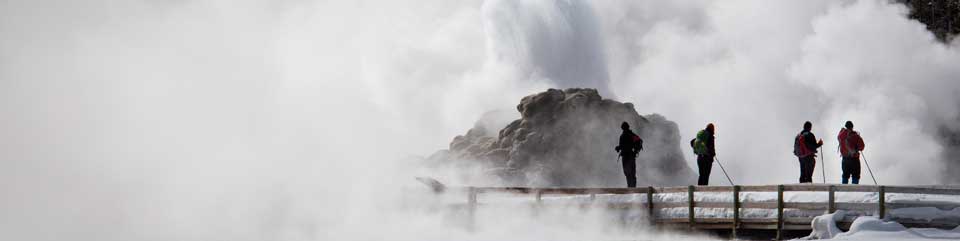 Winter visitors experience the magic of erupting geysers.