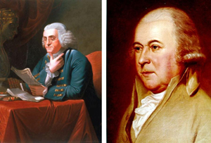 Two color images - one shows Benjamin Franklin seated at a desk, holding papers in one hand with his chin resting on his thumb, and the other shows John Adams' face and part of his torso.