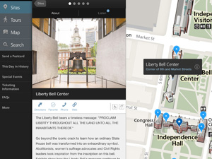 Color image of a screen shot from the Liberty Bell page on the NPS Independence mobile app with an image of the bell, a map showing the Liberty Bell Center's location and written text about the bell.