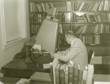 Photo of INHP Historian doing research, circa 1950s.  Second Bank of the U.S.