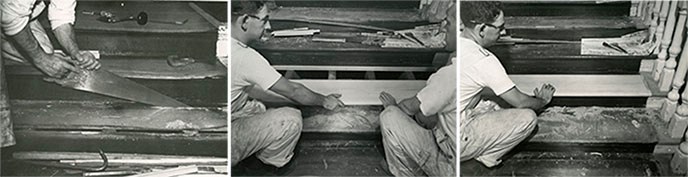 A sequence of three photographs showing the process of stair tread repair.