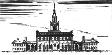 Drawing of the State House in 1753, showing the original steeple.