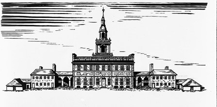 Drawing showing the State House in 1776, with wing buildings and wooden sheds.