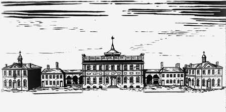 Drawing showing the State House complex as it appeared in 1791, with the removal of the sheds and the addition of City Hall and County Courthouse.