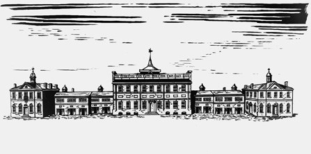 Drawing of the State House in 1812 showing the office buildings that replaced the original wings.