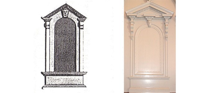 Illustration showing two tabernacle frame designs, an illustration from a pattern book and a photo of the tabernacle frame inside Independence Hall.