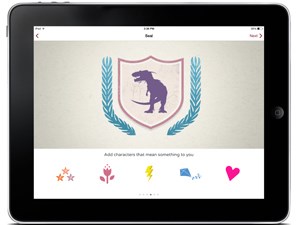 Screen shot of NPS Independence mobile app kid's activity showing a purple dinosaur inside a shield.
