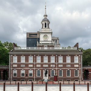 North facade of Independence Hall with bell tower.