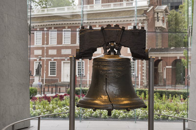 Liberty Bell with Independence Hall in the background.