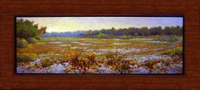 painting in a wooden frame of shallow lake with lots of plants growing in it.