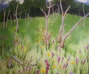 painting of prairie area with dead trees and lots of color from wildflowers