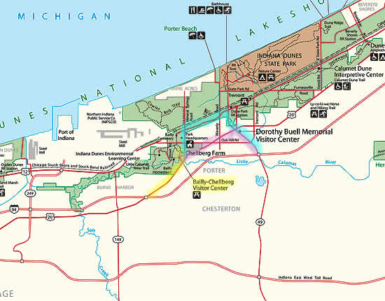 image of a map with route highlighted to the Bailly Homestead and Chellberg Farm parking lot.