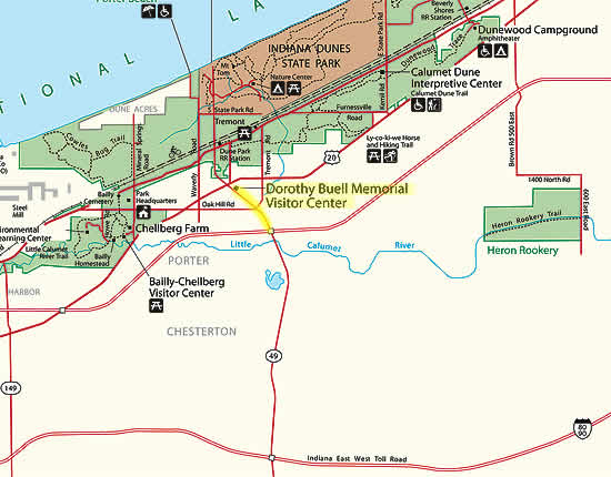 map with driving route highlighted to dorothy buell memorial visitor center