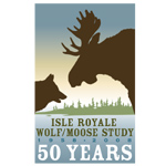 The 50th anniversary logo for the wolf-moose research study at Isle Royale National Park.  The wolf and moose are silhouetted.