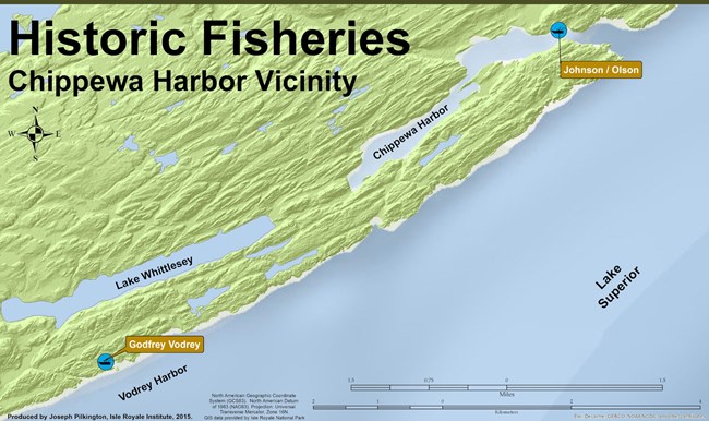 map displaying location of fisheries in the Chippewa Harbor section of Isle Royale