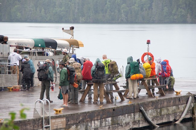 A large group of people in raincoats stands on a dock in the rain.
