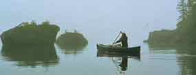 Exploration by canoe in the fog.