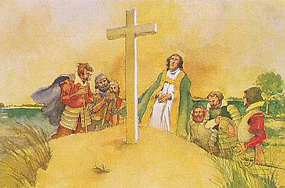 A watercolor of the Reverend Robert Hunt and other Jamestown settlers at Cape Henry