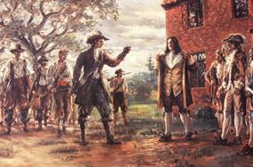 Sidney King painting of the Governor confronting Bacon and his followers demanding Bacon shoot him