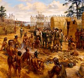 Settlers and Indians trading
