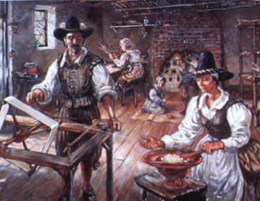 Jamestown settlers unwind silk from cocoons in a detail from NPS artist Sydney King's painting