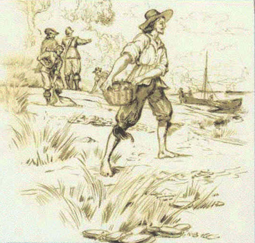Jamestown settlers harvest oysters (National Park Service; sketch by Sydney King)