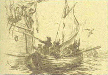 The English, searching for a place to settle, launch their shallop.