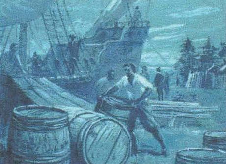 Settlers rolling barrels (Hogs Heads) onto ships