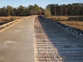 The Westbound lane of the Colonial Parkway on Powhatan Creek Bridge being prepped for concrete.