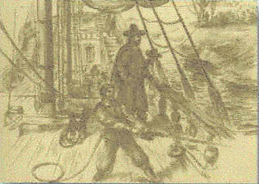 English settlers tie their ship to the trees at Jamestown.
