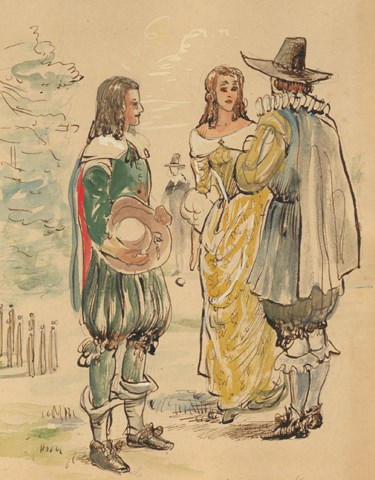 NPS artist Sydney King's watercolor of a lady and gentlemen from 1650s Jamestown