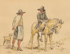 17th-century travelers depicted in a watercolor by NPS artist Sydney King