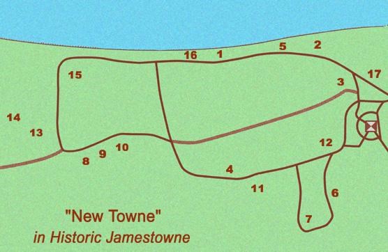 detail of map of Historic JamestowneTownsite with numbers corresponding to different waysides in New Towne