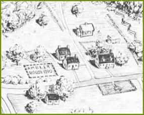 detail of conjectural sketch of colonial Jamestown by NPS artist Sydney King