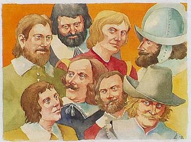 watercolor montage of early English settlers at Jamestown