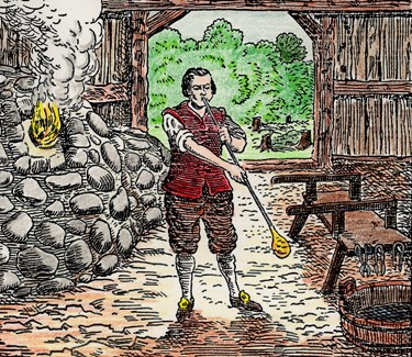17th-century Jamestown glassblower at work