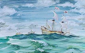 watercolor of the Susan Constant, Godspeed and Discovery on the open sea