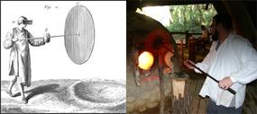 17th century Illustration of Bulls Eye glass production opposite a picture of Bulls Eye production at the Jamestown Glasshouse