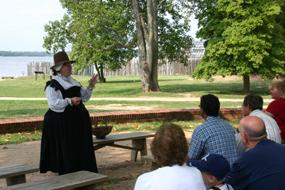 Costumed interpreter protraying Lady Yeardley