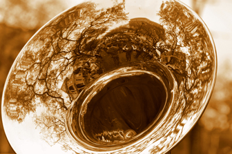 Image is a the horn of a trombone with reflections of trees, buildings, and people in it