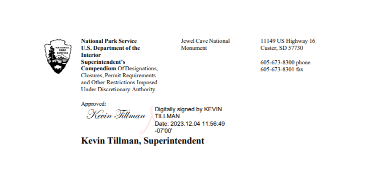 Signature of park superintendent approving compendium