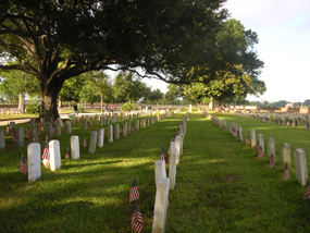 American flags stand at headstones on Memorial Day at Chalmette National Cemetery