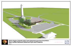 Architect's drawing of the new Chalmette Battlefield visitor center with Chalmette Monument in background