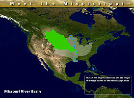 Map of North America with Mississippi River and watershed of Missouri River highlighted