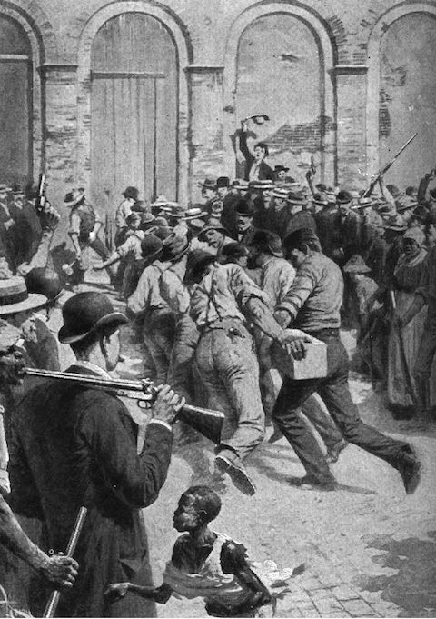 Illustration of an angry group of men with guns and other weapons rushing another group of men
